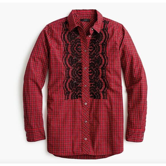 J Crew Red Holiday Plaid Black Embellished Button-Down Long Sleeve Boy Shirt 2P - Picture 1 of 8